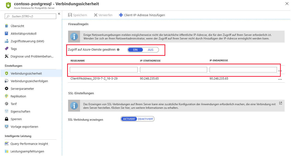 Abbildung der Firewallkonfiguration für Azure-Datenbank für PostgreSQL