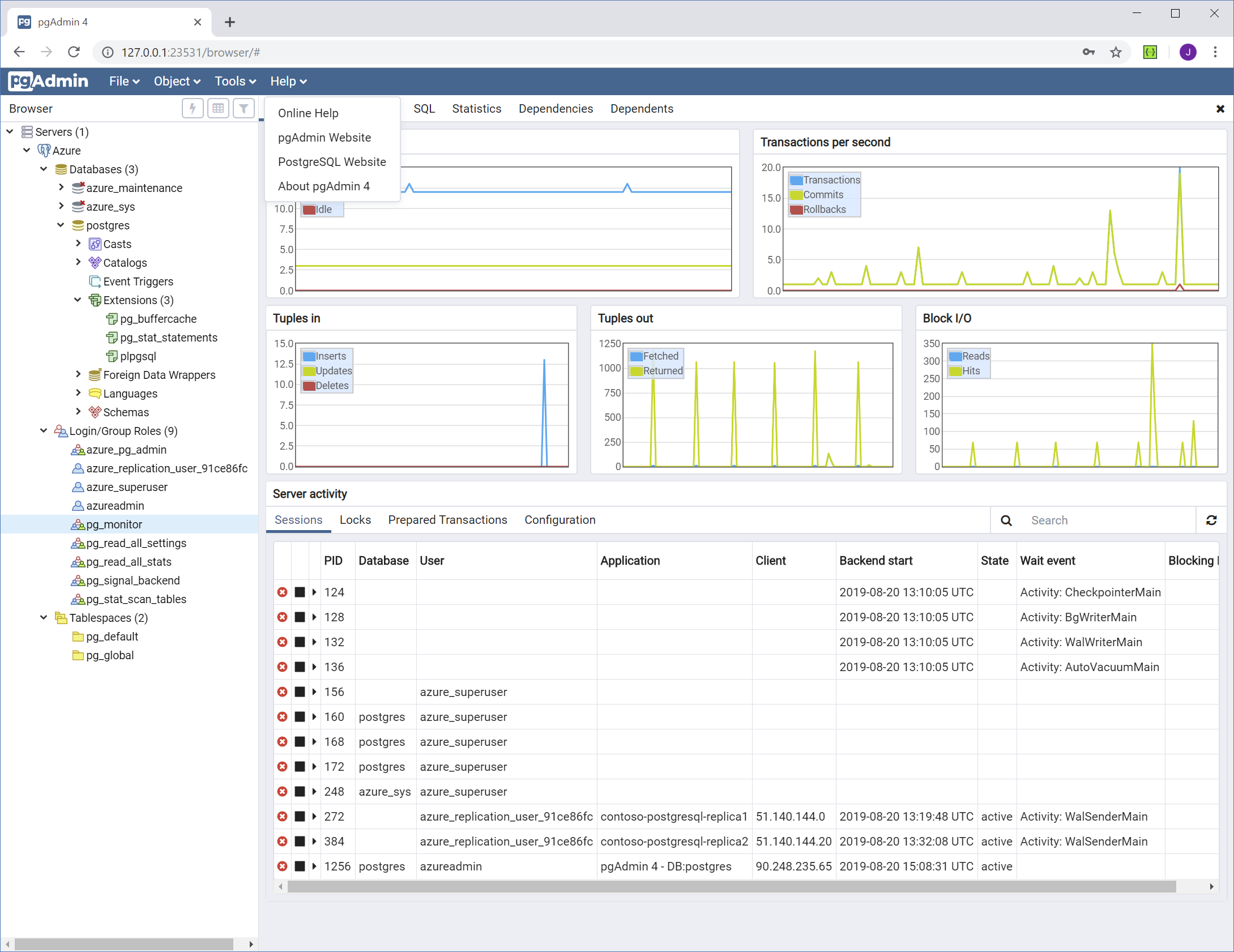 Abbildung des pgAdmin-Tools, das mit Azure Database for PostgreSQL verbunden ist
