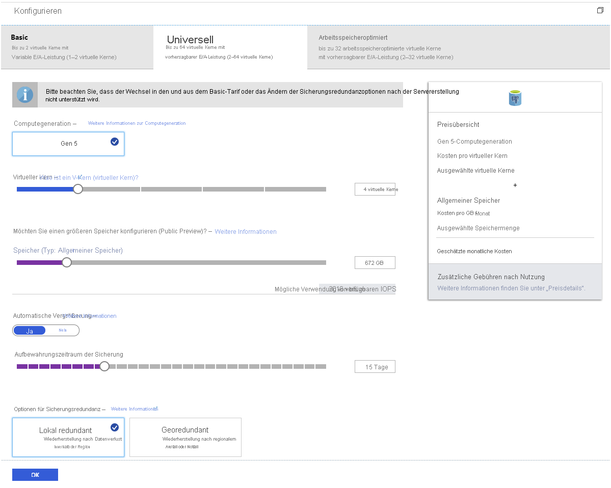 Abbildung der Preisniveaus im Azure-Portal