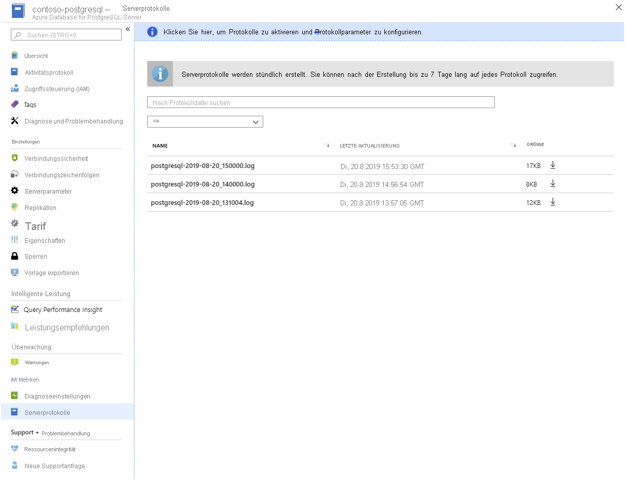 Abbildung der Serverprotokolle für eine Instanz des Azure-Datenbankdiensts für PostgreSQL