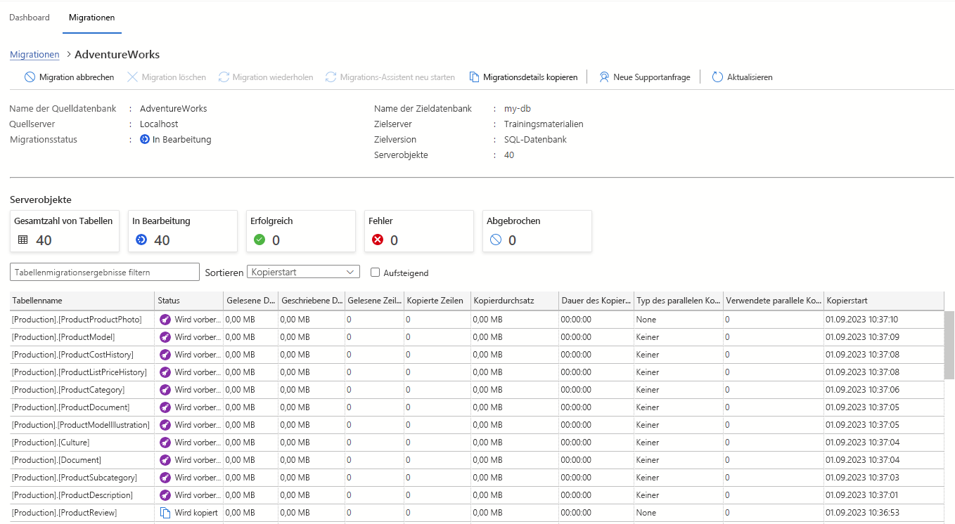 Screenshot: Migrationsdetails in der Azure-Migrationserweiterung für Azure Data Studio.