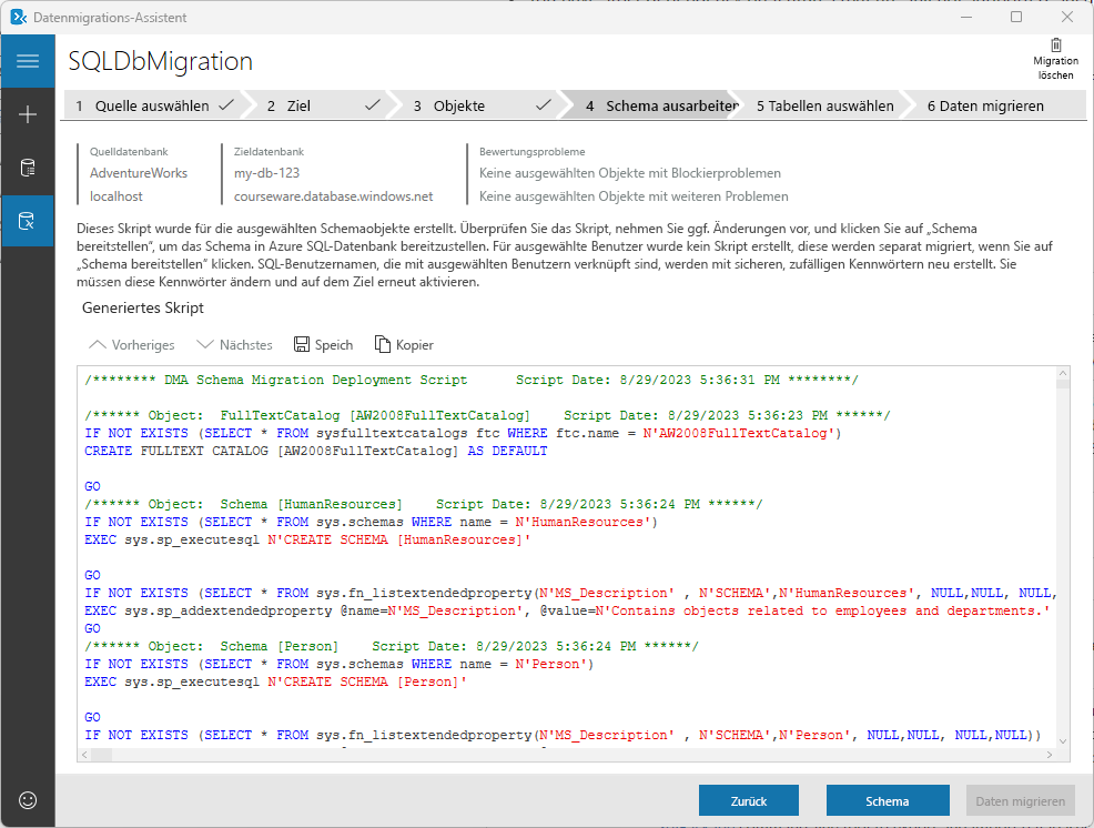 Screenshot: Generiertes Skript im Datenmigrations-Assistenten.