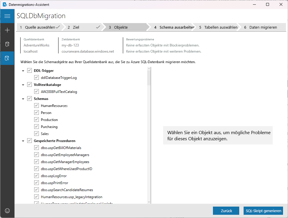 Screenshot: Registerkarte „Objekte auswählen“ im Datenmigrations-Assistenten.