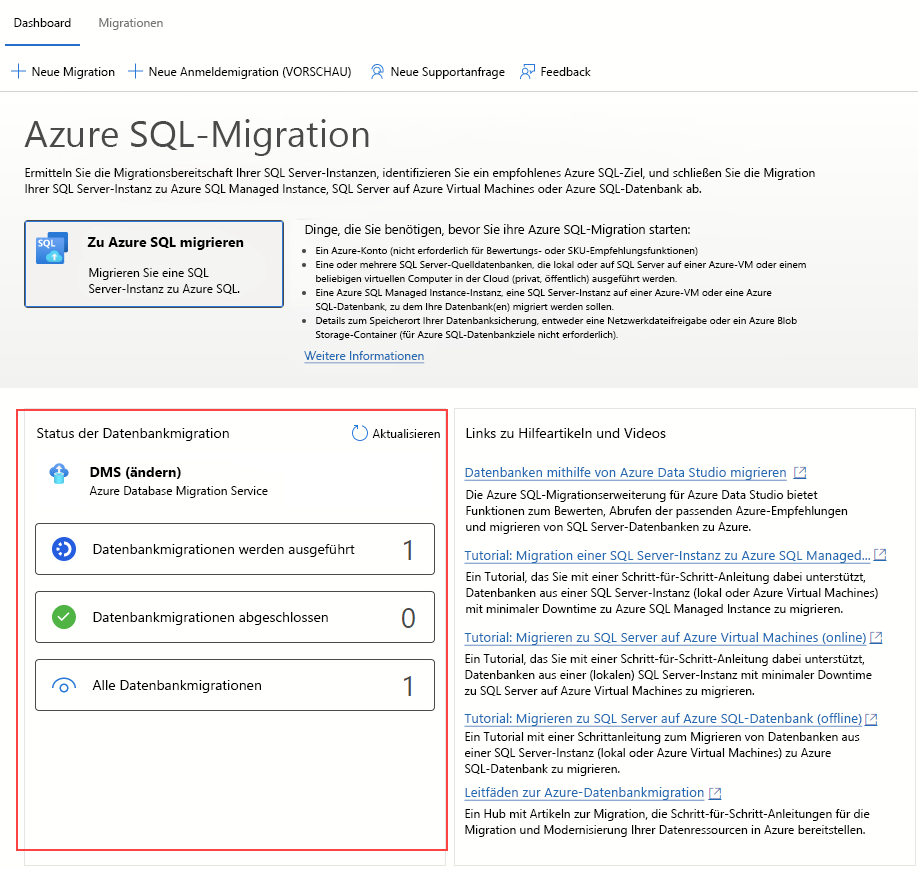Screenshot: Migrationsdashboard in der Azure-Migrationserweiterung für Azure Data Studio.