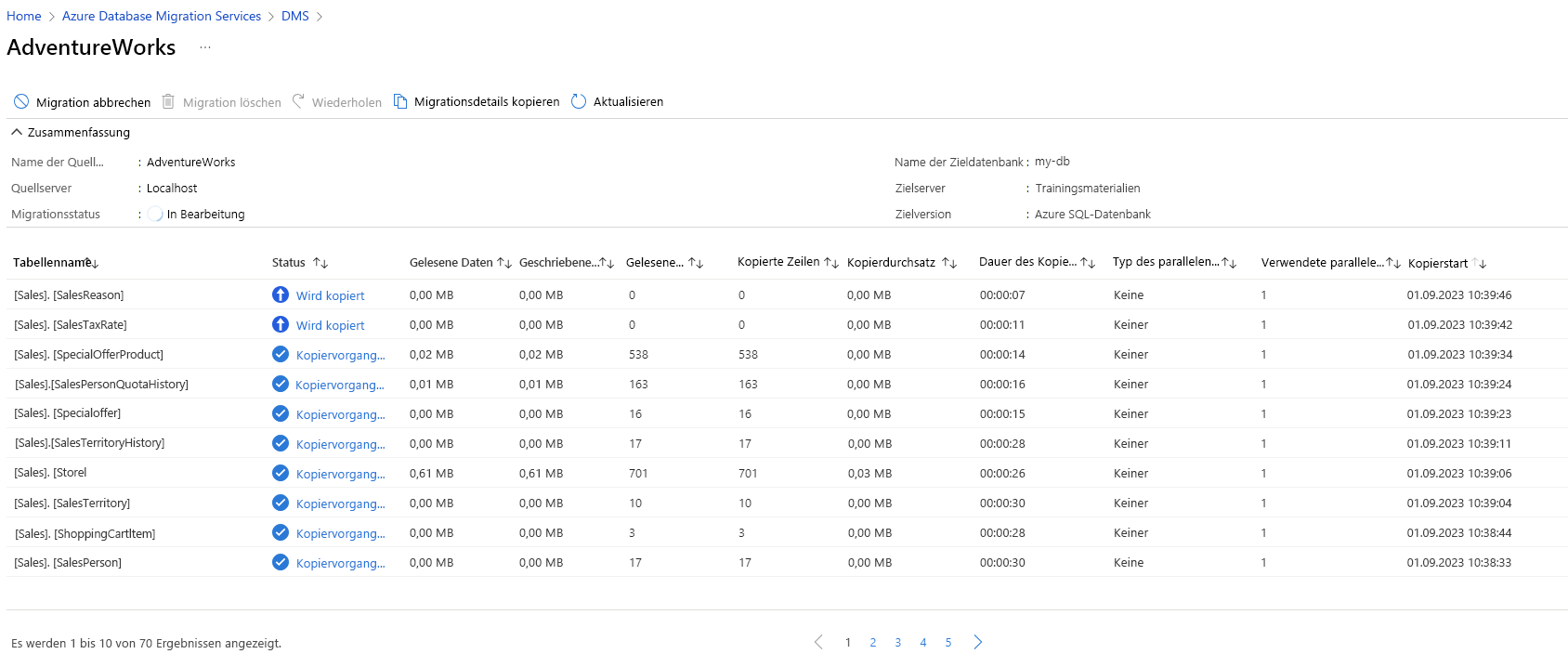 Screenshot: Überwachungsseite in Azure Database Migration Service im Azure-Portal.