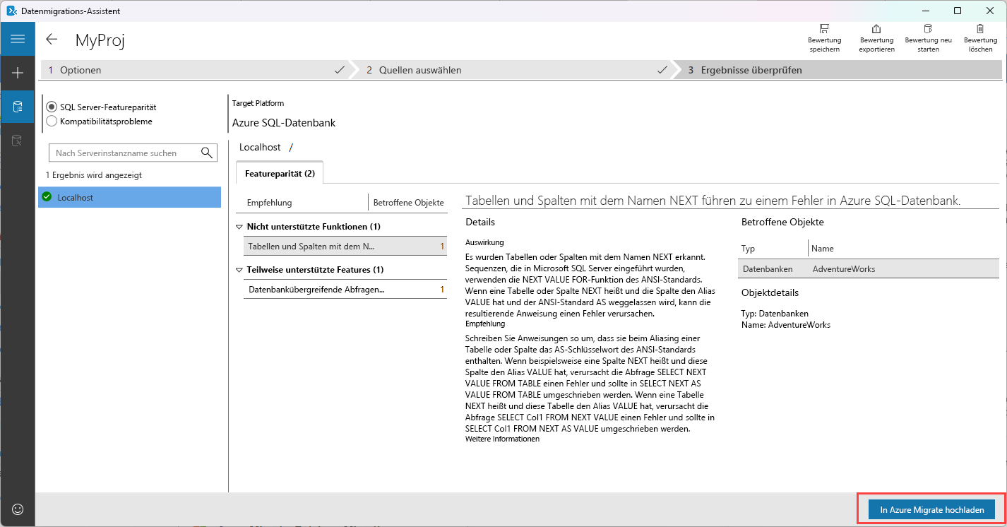 Screenshot: Hochladen einer Bewertung des Datenmigrations-Assistenten in Azure Migrate.
