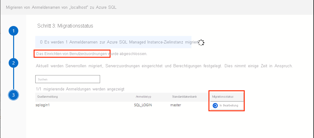 Screenshot des Anmeldungsmigrationsstatus von Azure Data Studio. 