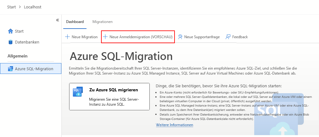 Screenshot der neuen Anmeldungsmigrationsoption von Azure Data Studio. 