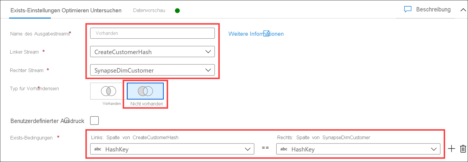 The Exists settings form is configured as described.