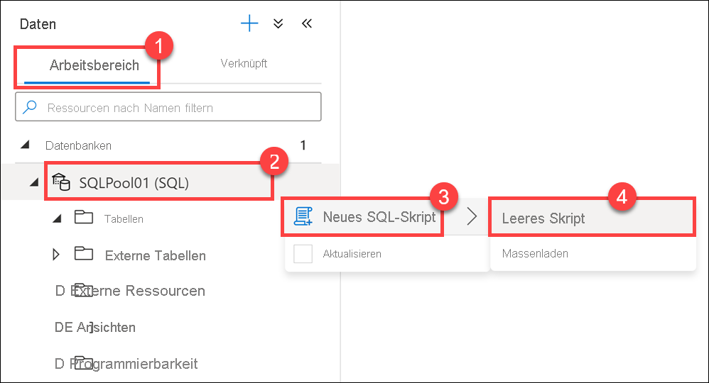 The data hub is displayed with the context menus to create a new SQL script.