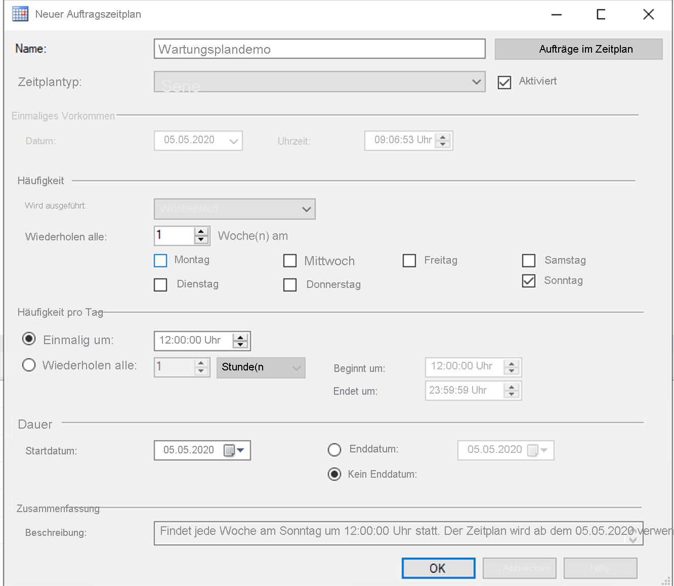 Screenshot des Auftragszeitplans im SQL-Agent.