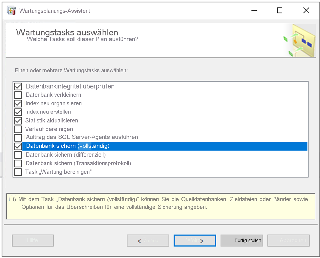 Screenshot der Wartungsaufgaben, die im Wartungsplan-Assistenten verfügbar sind