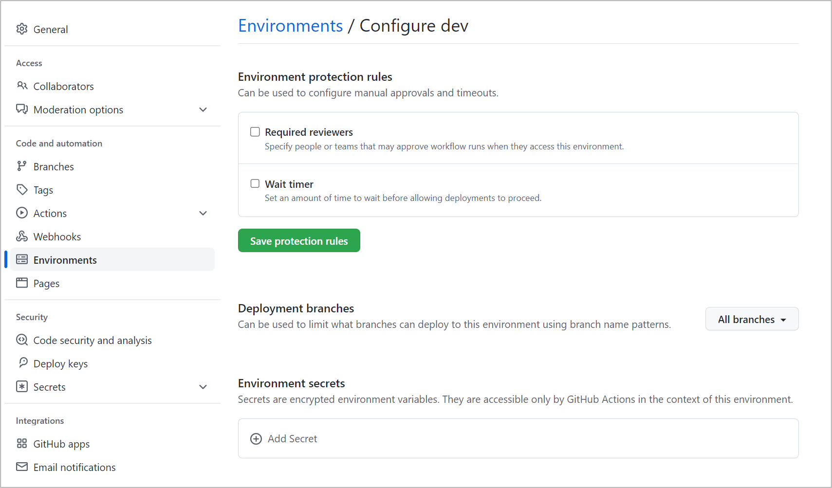 Screenshot of configuring an environment in GitHub.