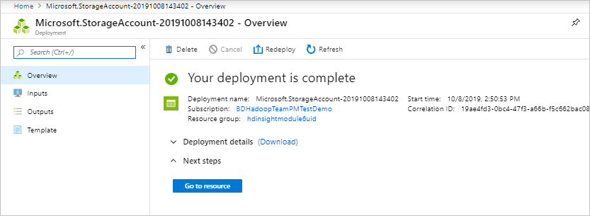 Screenshot: Übersichtsseite des Microsoft Storage-Kontos mit dem Hinweis, dass die Bereitstellung abgeschlossen ist.