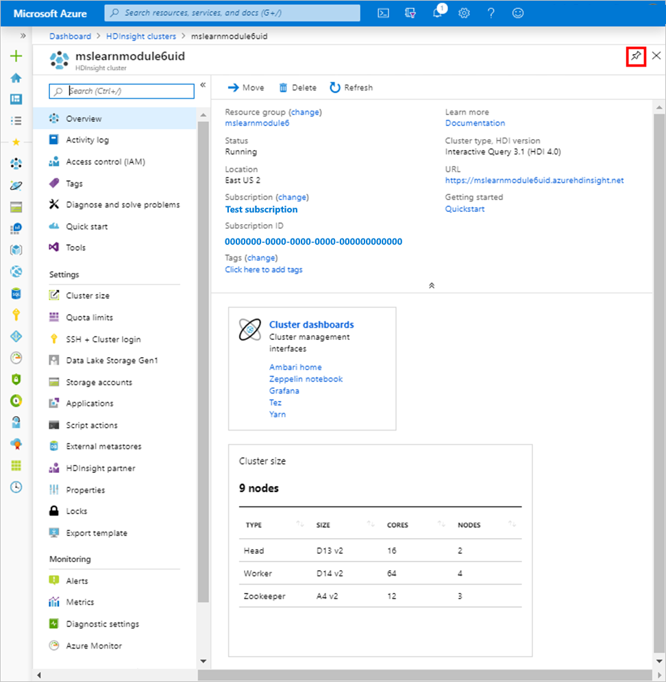 HDInsight-Übersichtsseite im Azure-Portal.