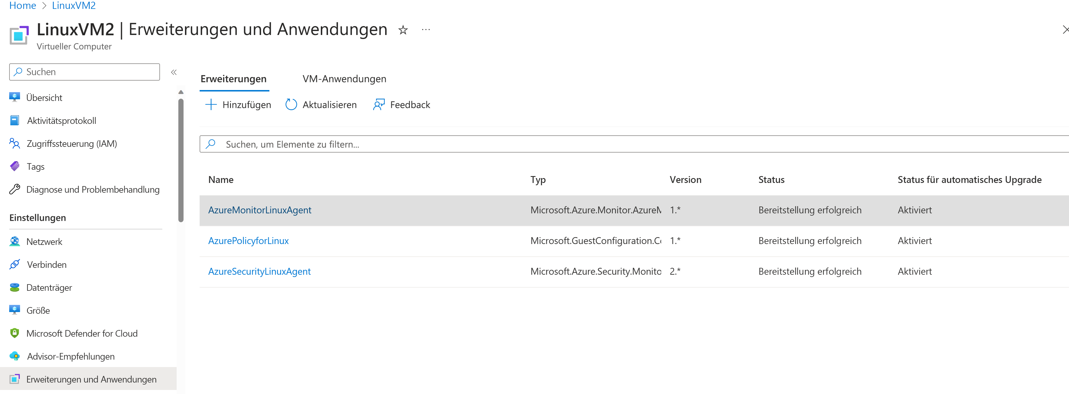 Screenshot of the Azure Monitor Linux Agent on an Azure VM.