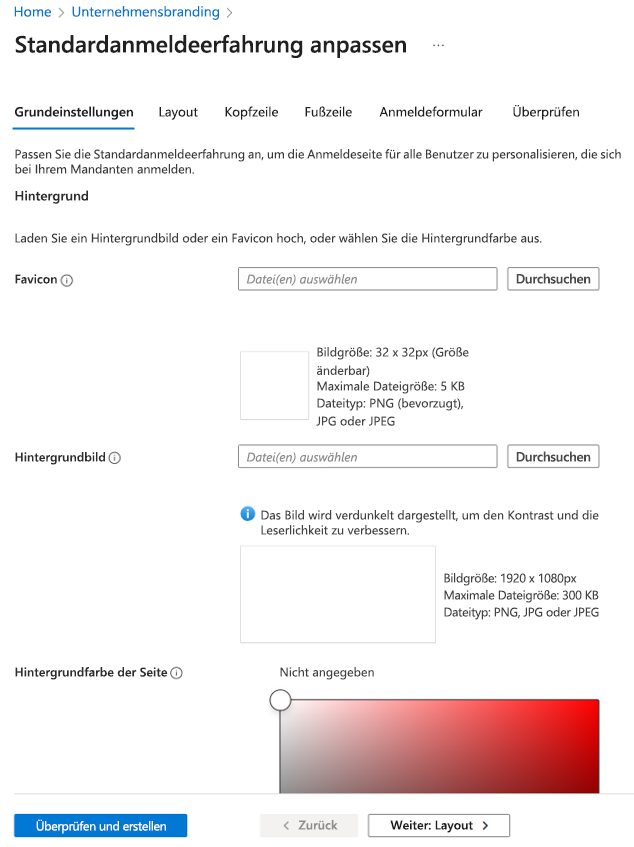 Screenshot of the Microsoft Entra ID Company Branding page. You can pick a default language, a corporate logo, and over values.