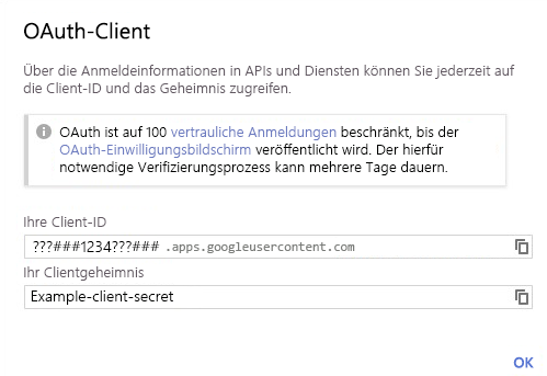 Screenshot of the OAuth client ID and client secret. Set your access secret.