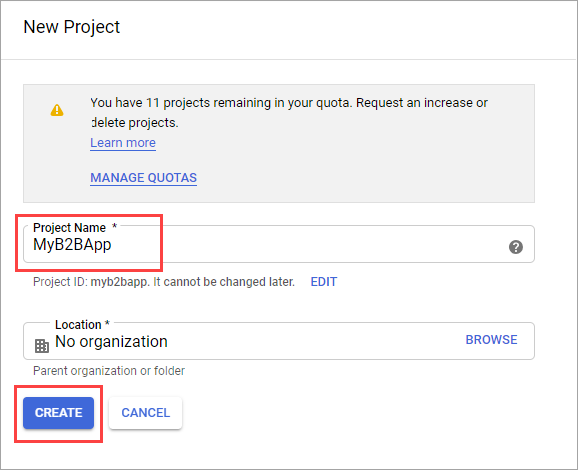 Screenshot of the New Project page within the Google developers page.