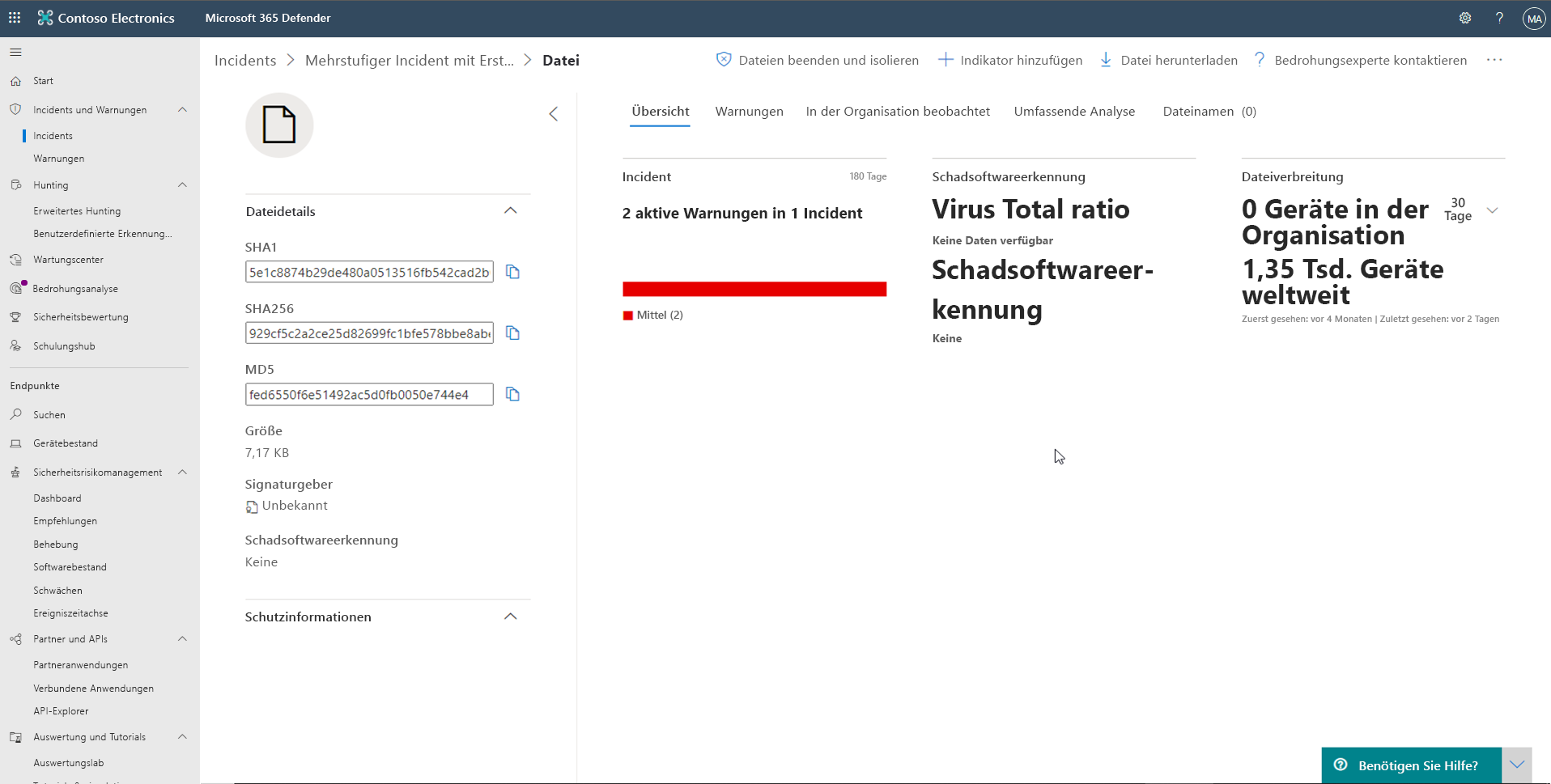 Screen shot of the Microsoft Defender for Endpoint File page information.