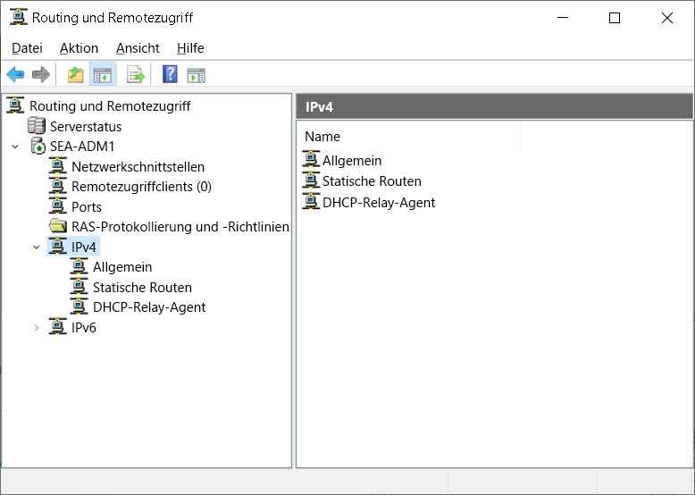 Screenshot der Routing- und Remotezugriffskonsole. SEA-ADM1 ist als VPN-Server eingerichtet.