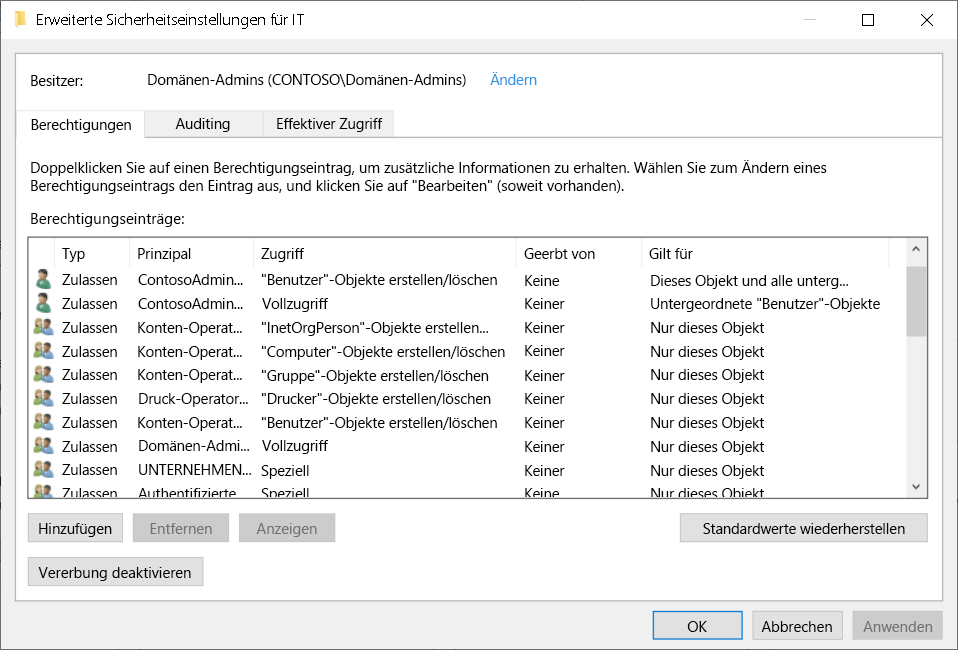 A screenshot of the Advanced Security Settings for IT dialog box. The administrator has selected the Permissions tab. Displayed are the permissions on the IT OU, including delegated permissions for ContosoAdmin.
