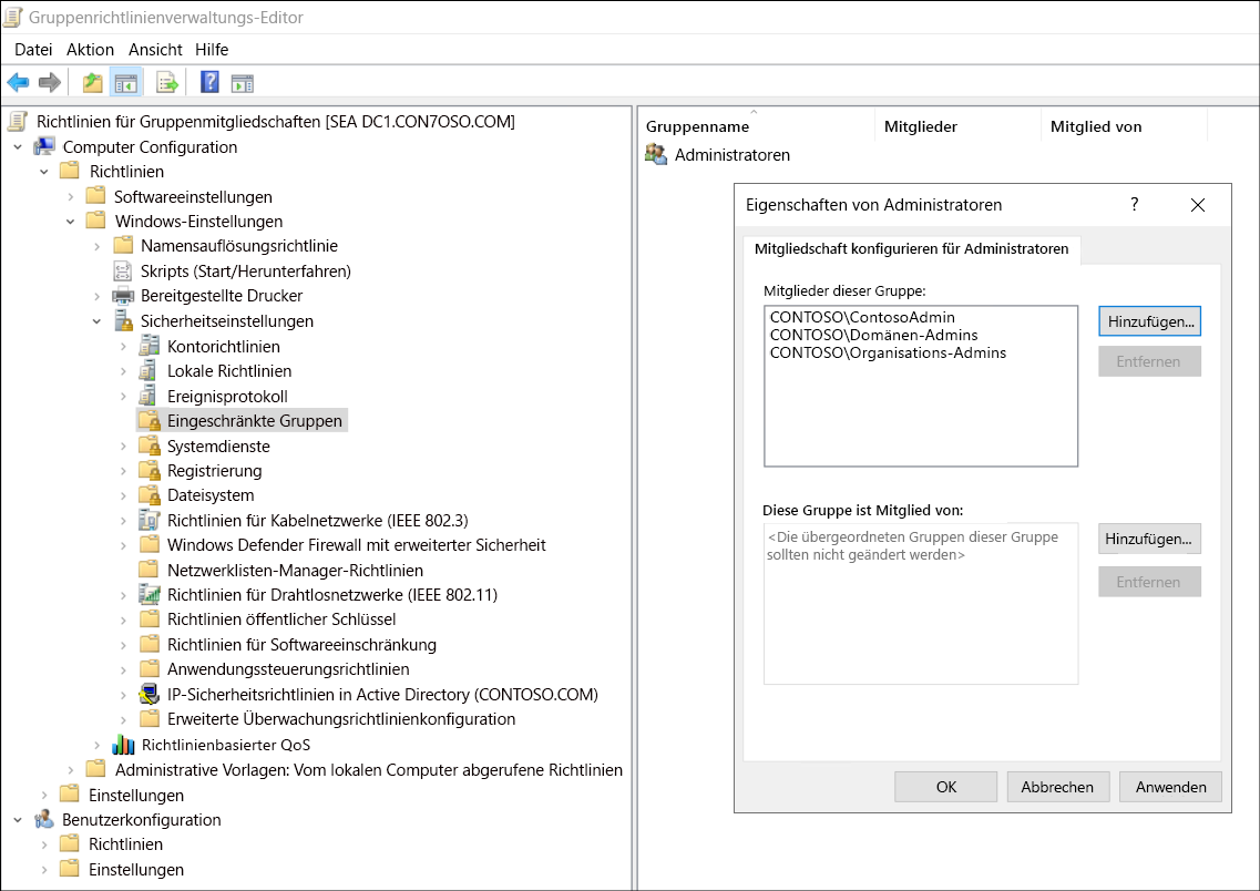 A screenshot of the Group Policy Management Editor. The administrator has navigated to Computer Configuration, Policies, Windows Settings, Security Settings, Restricted Groups. The administrator has added a group called Administrators, and added as members Domain Admins, Enterprise Admins, and ContosoAdmin.