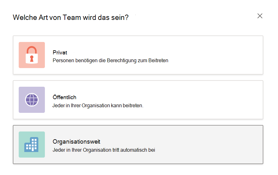 Screenshot: Erstellen eines organisationsweiten Teams.