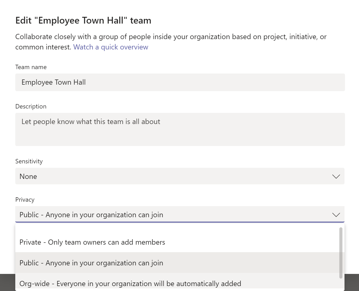 Screenshot: Wechsel zu einem organisationsweiten Team