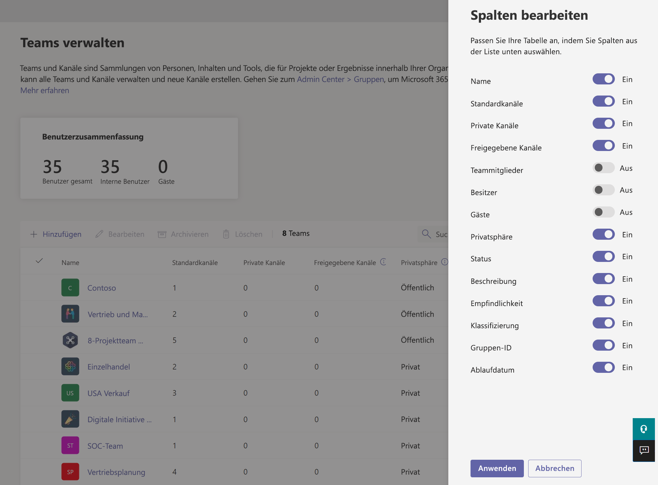 Screenshot des Teams-Übersichtsrasters.
