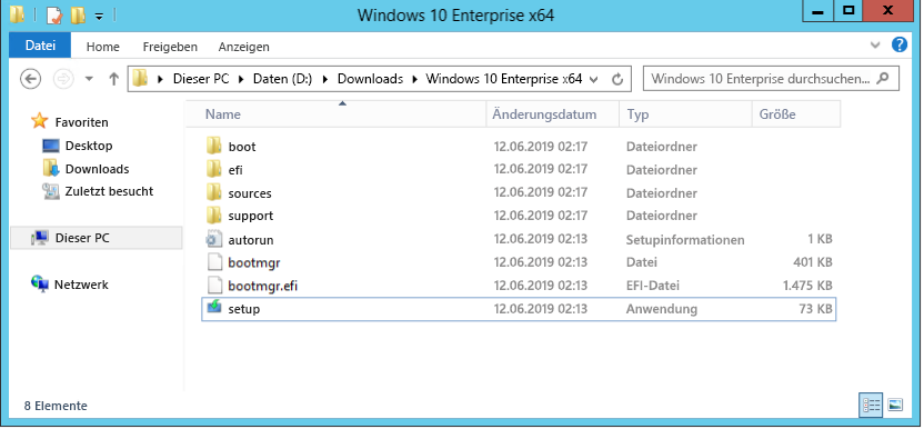 Screenshot des Stammordners eines Windows 10 Enterprise-Images.