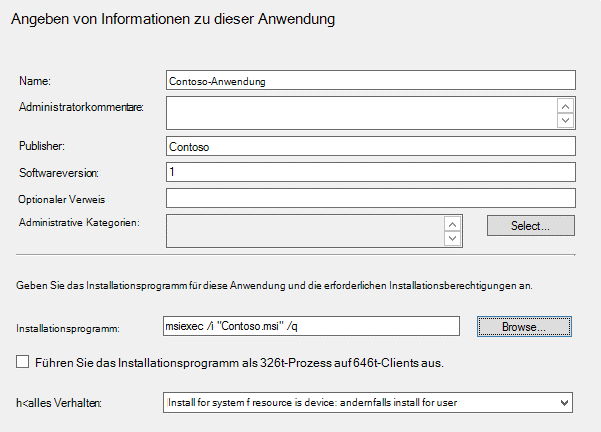 Screenshot des Dialogfelds mit der Aufforderung zur Eingabe von Informationen zur Anwendung, z. B. Name, Herausgeber, Version und Kommentare.