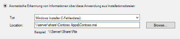 Screenshot des Dialogfelds mit der Aufforderung zur Eingabe des Typs und pfads zu den Anwendungsinstallationsdateien.