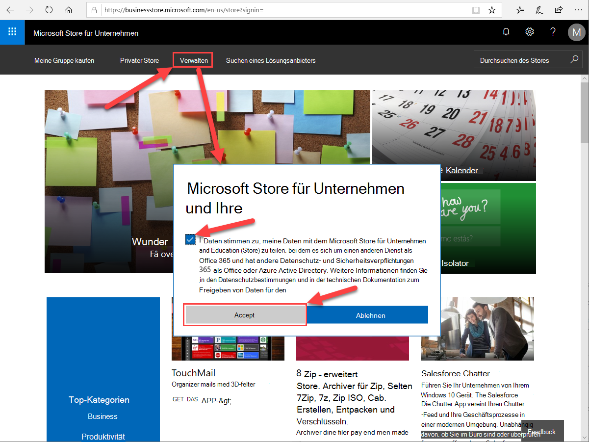 Registrierungsbildschirm für Microsoft Store für Unternehmen.