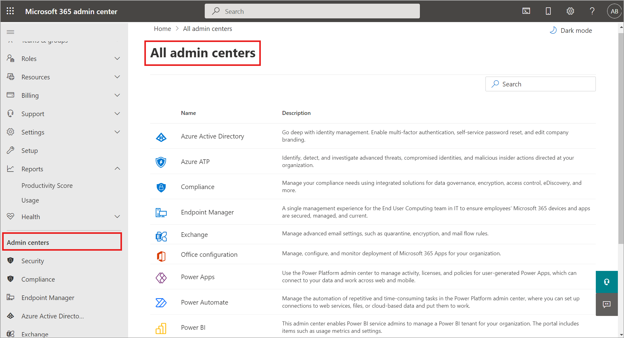 Screenshot, der einige der anderen verfügbaren Admin Center zeigt.