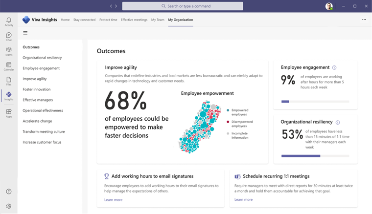 Screenshot, der die Registerkarte Organisation in Viva Insights für Führungskräfte zeigt.