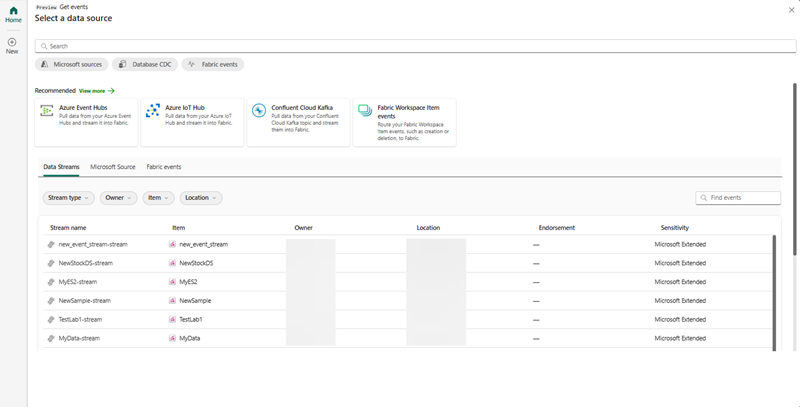 Screenshot der Auswahl der Datenstromereignisse im Data Activator.