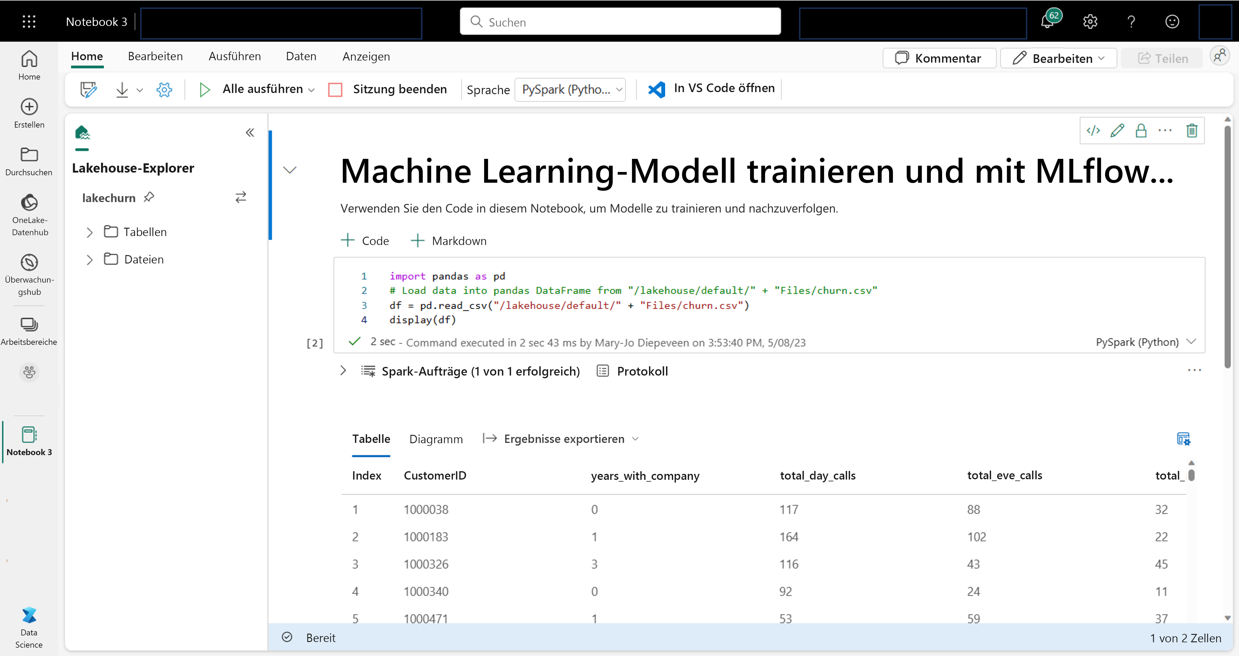 Screenshot eines Notizbuchs in Microsoft Fabric.