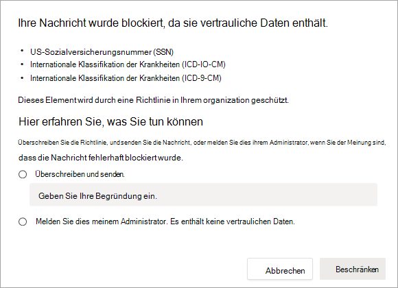 Screenshot „Optionen zum Auflösen blockierter Nachrichten“.
