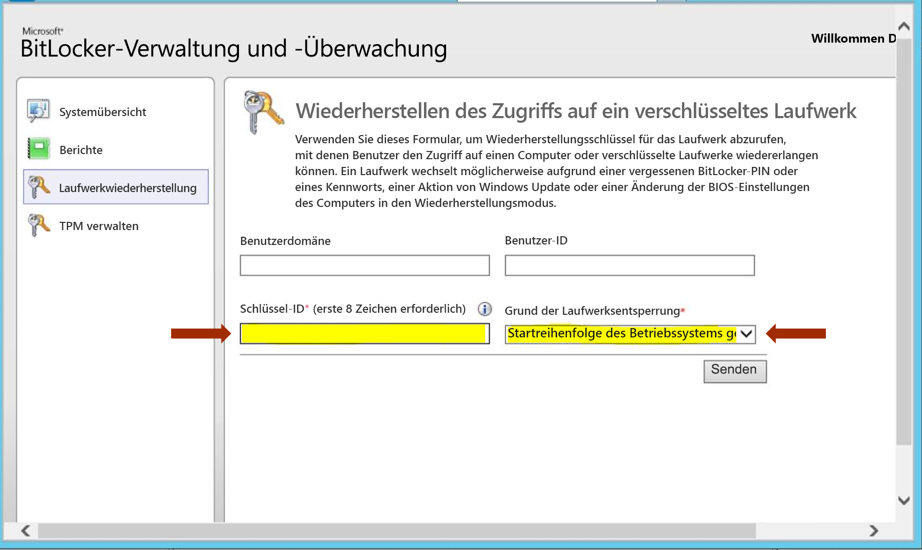 Screenshot der Aufforderung von Microsoft MBAM zur Eingabe der KeyID und des Grunds für die Wiederherstellung des Zugriffs auf ein verschlüsseltes Laufwerk.