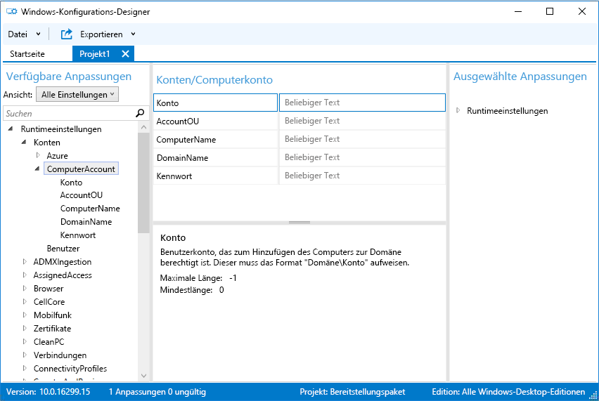 Screenshot: Windows-Konfigurations-Designer. Projekt1 ist geöffnet, und die Option „ComputerAccount“ ist in der linken Ansicht ausgewählt.