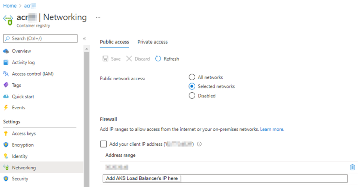 Screenshot: Hinzufügen der öffentlichen IP-Adresse von AKS Load Balancer zum Adressbereich