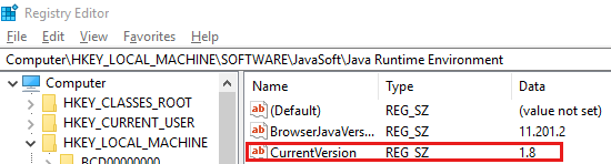 Screenshot der Java Runtime Environment-Version in der Registrierung.