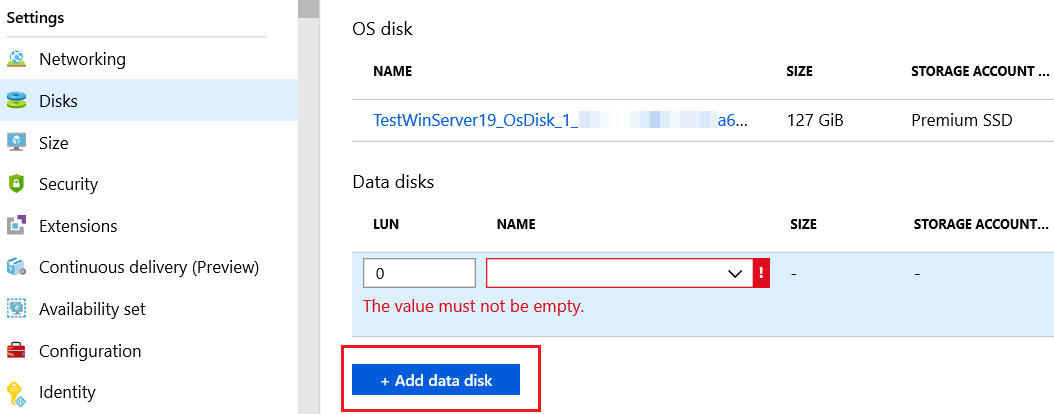 Screenshot der Option „Add data disk“ (Datenträger hinzufügen) im Azure-Portal.