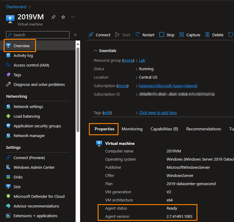 Screenshot aus dem Azure-Portal, der die Eigenschaften des virtuellen Computers (VM) zeigt. Der Status des Agenten ist „Bereit“ und die Version des Agenten ist „2.7.41491.1083“.