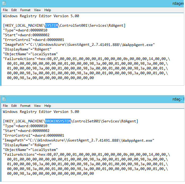 Screenshot des ursprünglichen Eintragswerts und des geänderten Eintragswerts der Datei „rdagent.reg“.