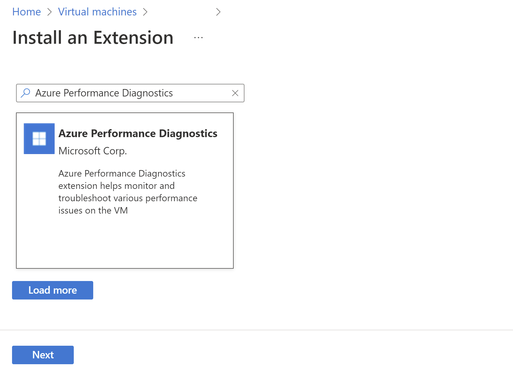 Screenshot: Bildschirm „Neue Ressource“ mit Hervorhebung des Eintrags „Azure Performance Diagnostics“.