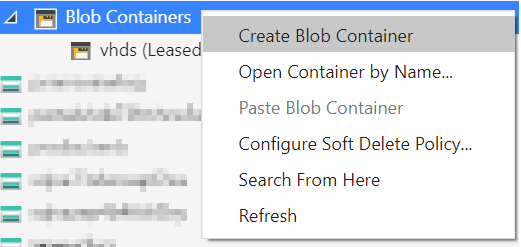 Screenshot: Azure Storage-Explorer zeigt das Kontextmenü für Blobcontainer im Navigationsmenü mit hervorgehobener Option Blobcontainer erstellen.