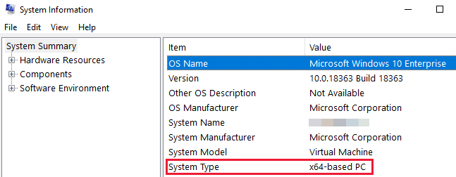 Screenshot von Systeminformationen, in dem Betriebssystemname und Systemtypelemente hervorgehoben werden.