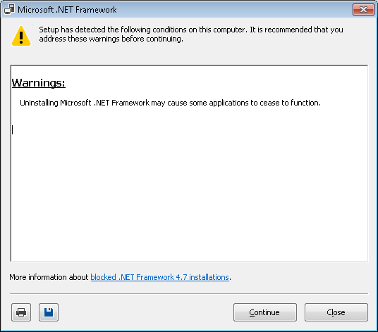 Screenshot des Warnfensters, in dem die Deinstallation von Microsoft .NET Framework kann dazu führen, dass einige Anwendungen nicht mehr funktionieren.